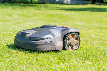 Robotic lawn mower automatically cutting grass on green lawn in sunny backyard. Modern smart...