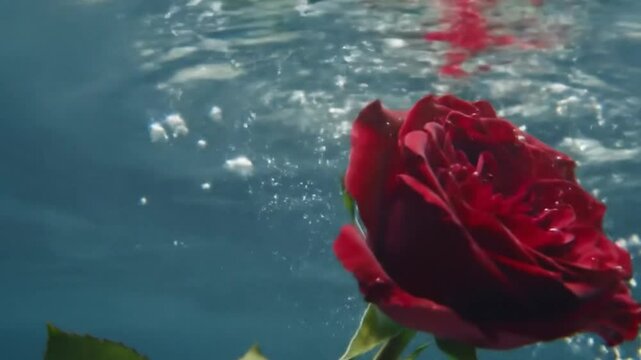 Red Rose Sinking Underwater in Slow Motion with Light Rays and Air Bubbles &mdash; Cinematic 4K