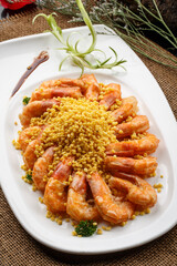 Chicken and tofu casserole in beige casserole