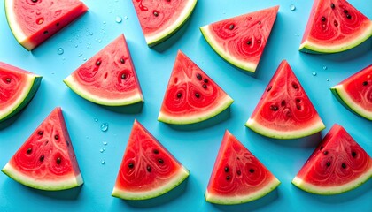 爽やかな青い背景に並べられた新鮮な赤いスイカの三角形スライスと水滴