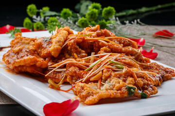 White round porcelain plate with spicy beef tongue