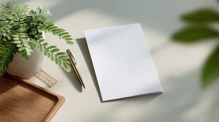 drone-view overhead of clean office desk with poster sample notepad pen and ruler neatly arranged