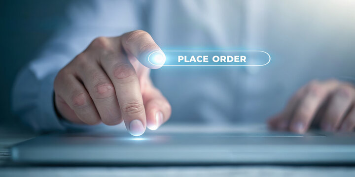 E-commerce web button order concept. A hand hovering over a digital tablet button labeled "PLACE ORDER," symbolizing online purchasing and e-commerce technology.