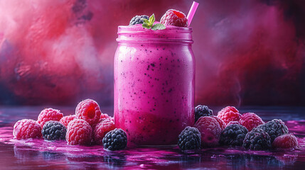 Cold pink berry smoothie in glass jar with frozen fruits, refreshing summer drink