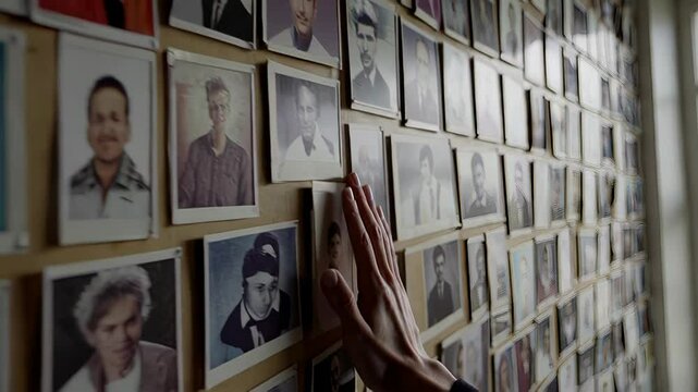 Exploring a memory wall: hands glide over a mosaic of portraits in a sunlit room. International Day of the Disappeared