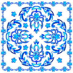 Watercolor blue ink tile pattern scarf design.