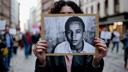 Peaceful march for justice: community holding portraits in unity. International Day of the Disappeared