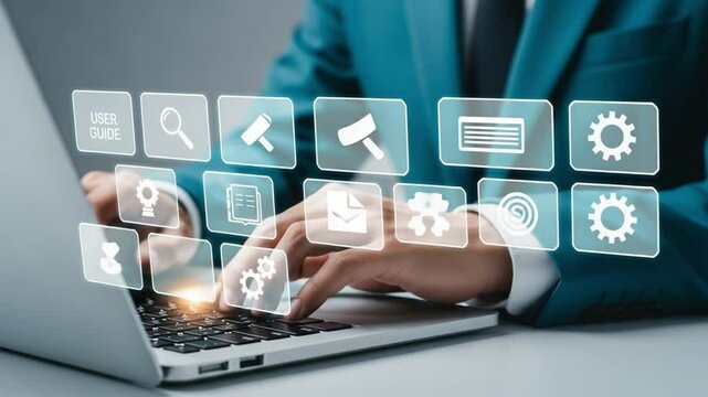Person typing on laptop with digital icons floating above the keyboard in a business setting