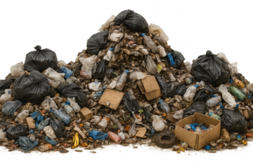 Large pile of assorted garbage bags and plastic bottles creates environmental pollution problems.