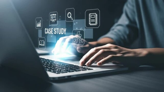 Hands typing on laptop with case study and data icons floating above the keyboard surface view