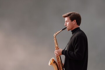 Naklejka premium portrait of saxophonist blowing into sax under smoky jazz club ambiance