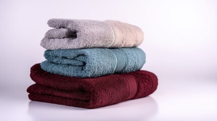 A stack of folded bath towels in various colors.