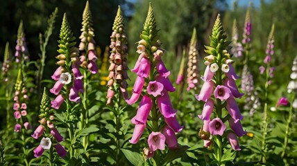 Obraz premium Digitalis Purpurea in Bloom – Elegant Common Foxglove Flowers in a Garden Setting, Showcasing Bell-Shaped Petals, Herbal Beauty, and Cottage Garden Charm