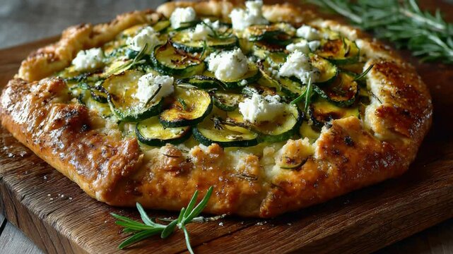 Freshly baked zucchini and feta galette with rosemary garnish on wooden board