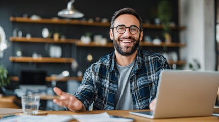 Smiling professional online teacher hosting a virtual class from a modern