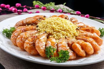 Kung Pao large shrimps on a white porcelain plate