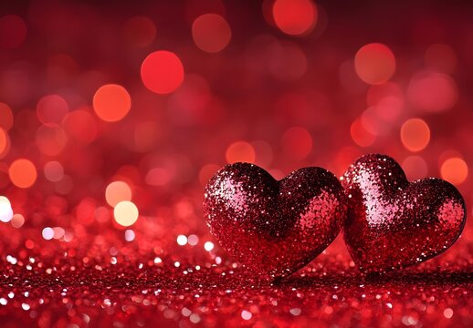 Two Red Glitter Hearts on Red Glitter Background