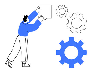 Individual fitting puzzle piece near various gear elements, symbolizing collaboration, strategy, and innovation. Ideal for teamwork, problem solving, process efficiency, project management, strategy