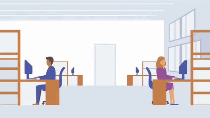 Illustration showing two people working at their desks in a modern office environment setting design