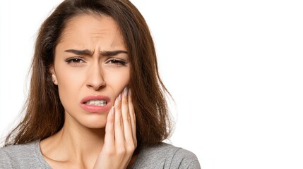 Fototapeta premium Young woman showing discomfort and holding her jaw, visible teeth clenched,