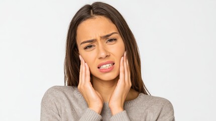 Fototapeta premium Young woman showing discomfort and holding her jaw, visible teeth clenched,
