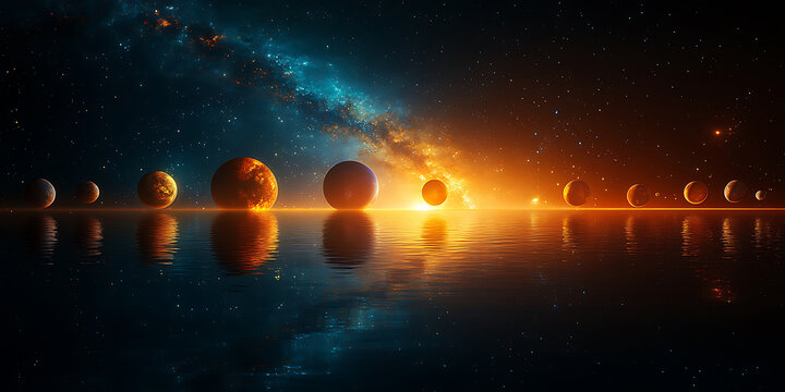 Planetary alignment with milky way reflections on water surface with stellar background and orange light abstract space scene depicting harmony and cosmic connection