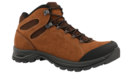 Brown suede hiking boot with black sole and orange laces
