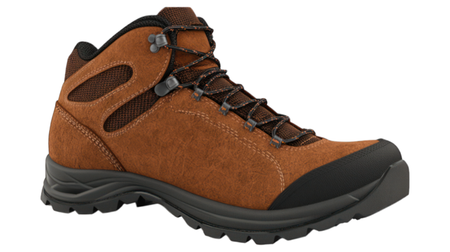 Brown suede hiking boot with black sole and orange laces