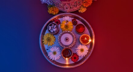 Gradient indigo to ruby ​​with top to bottom view of aarti thali containing flowers, sindoor and oil lamps