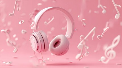 Modern Wireless Headphones with Flowing Musical Notes on Pink Background 

