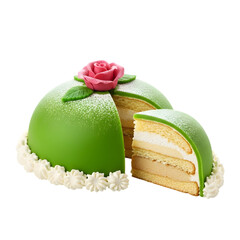 A Green Swedish Prinsesstårta an Iconic Princess Cake with a Marzipan Dome and Rose on isolated transparent background