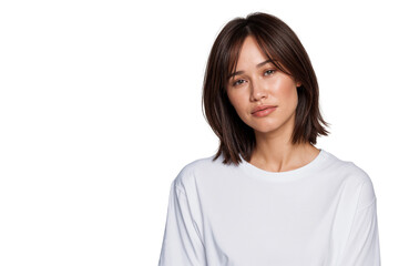 Fototapeta premium Portrait of a sad young woman with short brown hair looking directly at the camera with a somber expression. Isolated on transparent background