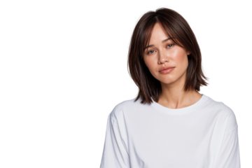 Portrait of a sad young woman with short brown hair looking directly at the camera with a somber expression. Isolated on transparent background