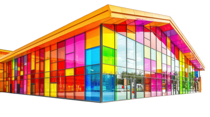 Colorful glass building, rectangular panes, bright colors