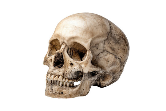 Realistic human skull isolated on transparent background, Aged bone texture, perfect for medical design concepts