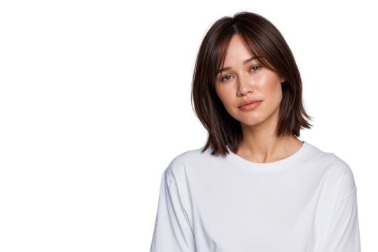 Portrait of a sad young woman with short brown hair looking directly at the camera with a somber expression. Isolated on transparent background
