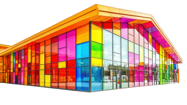 Colorful glass building, rectangular panes, bright colors