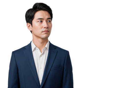 Young businessman in a navy blue suit  looking away thoughtfully. Isolated on transparent background - Powered by Adobe