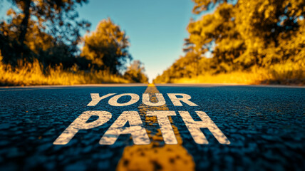 Open road under trees with 'Your Path' text in sunlight.