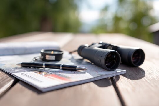 flat-lay of lightning safety guide booklet pen binoculars and compass on porch table