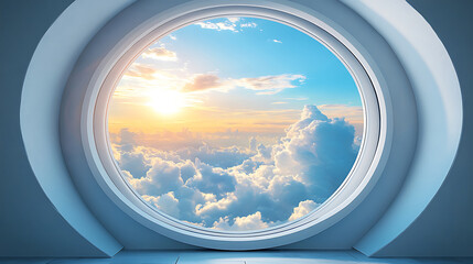 Porthole view of cumulus clouds at sunset serene sky through round window dreamy scenery peaceful atmosphere