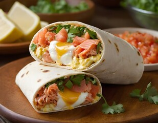salmon and egg breakfast burrito with cheese and cilantro