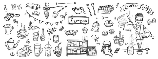 Coffee vector hand drawn set. Collections of doodle traditional cafe illustration. Morning hot drink cartoon objects isolate on background.