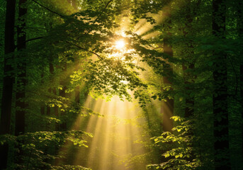 Fototapeta premium Sunbeams Streaming Through Lush Forest Canopy A Serene Nature Photograph