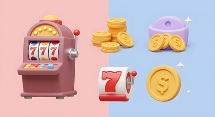 Colorful 3d Slot Machine and Gold Coins on Split Background