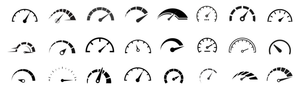 Speedometer speed vector icon set, gauge meter, dashboard elements for automotive, speed measurement. Vector set for car speed, fuel, RPM, tachometer. Black speed dials