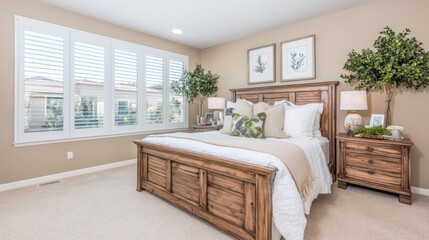 A comfortable bedroom with a large window and a wooden bed.
