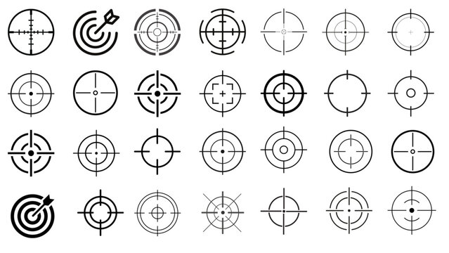 Target and aim icon set, crosshair, bullseyes, aiming marks, and shooting symbols vector design. target icons, crosshairs for shooting range, sniper, and hunting themes, digital art, and UI projects