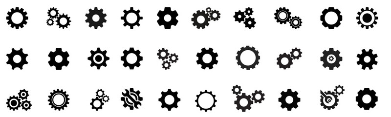Gear icon vector set, black cogwheel vector collection, mechanical gear shapes, engineering symbols, industrial machinery, sprocket designs, abstract gearwheel graphics