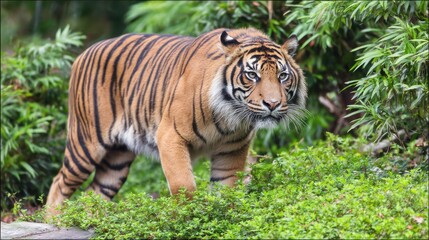 Fototapeta premium A tiger in a lush green forest environment.